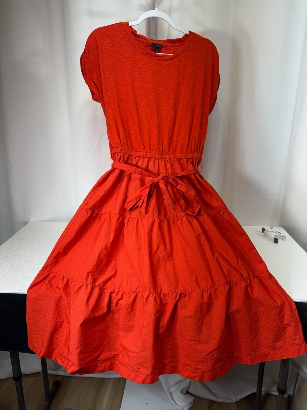 Talbots Bright Orange Tiered Waist-Tie Midi Dress 4041